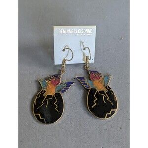 Vintage Cloisonné Hatching Bird Colorful Enamel Dangle Earrings Taiwan ROC